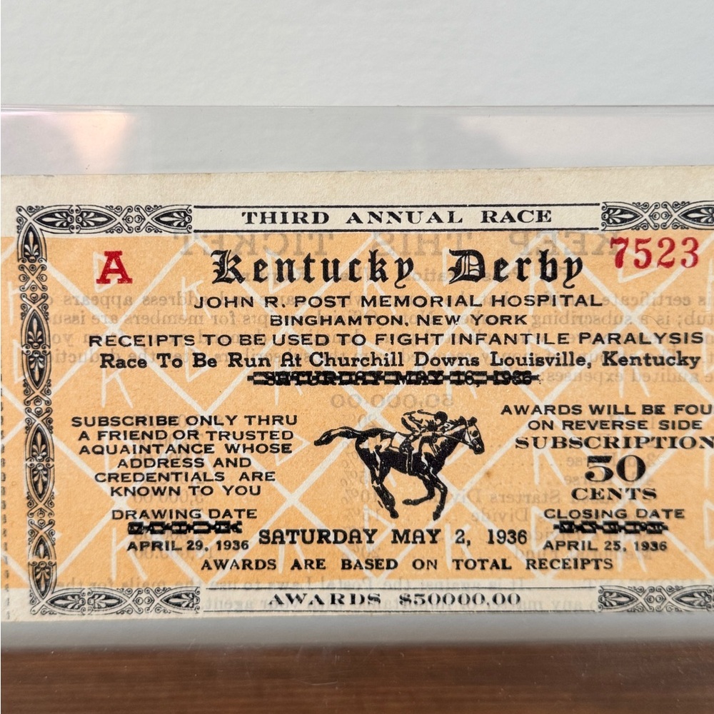 Antique, 1936, Kentucky Derby, Ticket, Historical, Framed, Collector, Sports